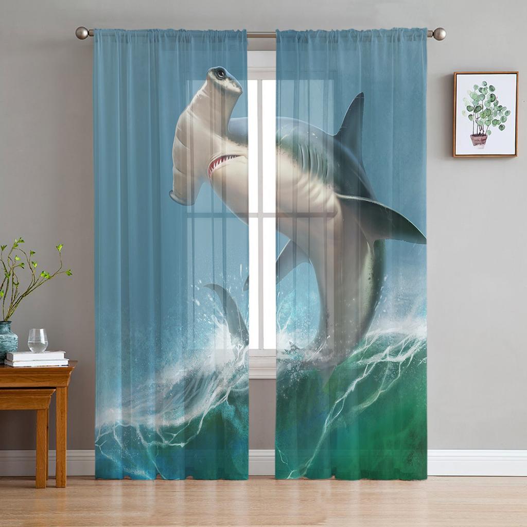 Ocean Wave Spray Shark Modern Tulle Curtains For Living Room Bedroom Home Kitchen Window Sheer Curtains