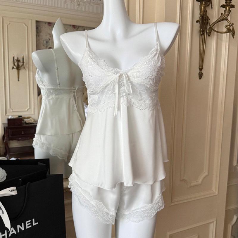 Women s Sexy Lace Ice Silk Camisole & Shorts with Chest Pads - Summer Home Wear XXL жемчужина белый