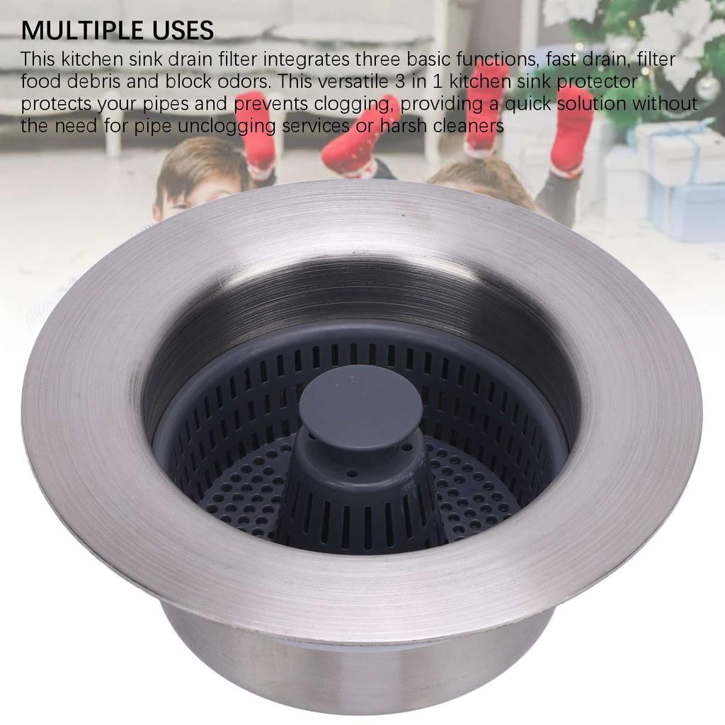 Kitchen Sink Drain Strainer 3 in 1 Stainless Steel Aid Seal Bounce Filter for Garbage Disposal