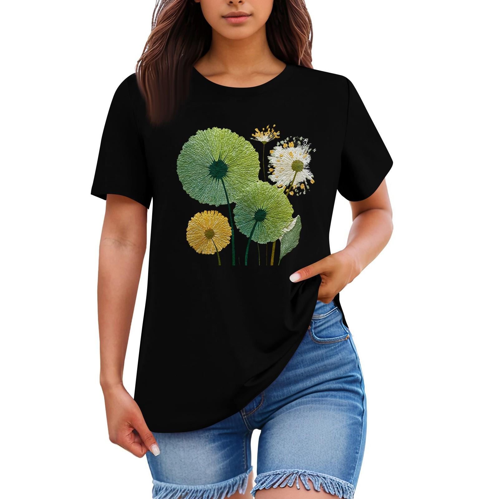 

Ladies Loose Comfortable Casual Fashionable Plant Flower Printed Round Neck Short Sleeved Shirt M чорний