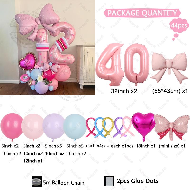 43PCS Pink Bow Theme Bouquet Balloon Set with 32inch Pink Number Girl First Birthday Party Decoration Baby Shower Helium Globos