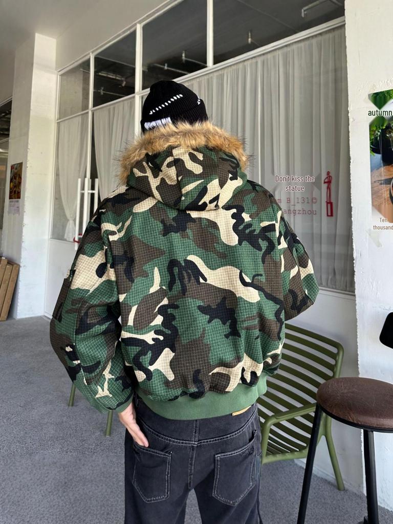 2025 Winter Men's Reversible Camouflage Streetwear Hooded Cotton Jacket