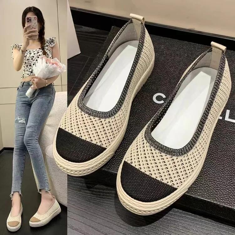 Fashion 2025 Summer New Fashion Casual Flat Shoes Breathable Shallow Knitted Slip-on Round Head Women's Casual Shoes