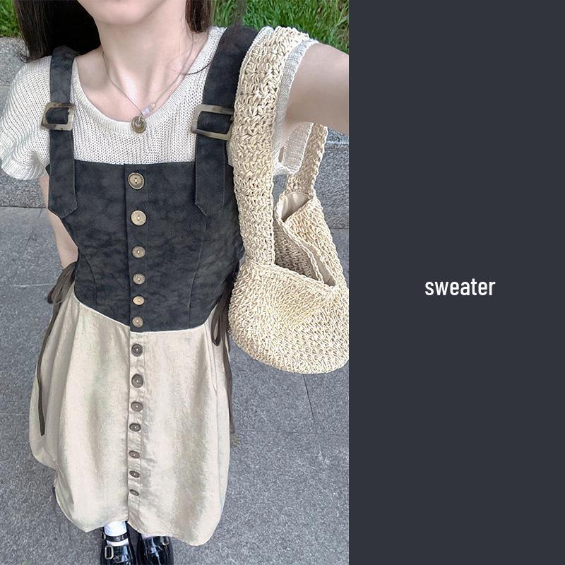 

Elegant Knitted French Minimalist Summer Camisole Dress Set S