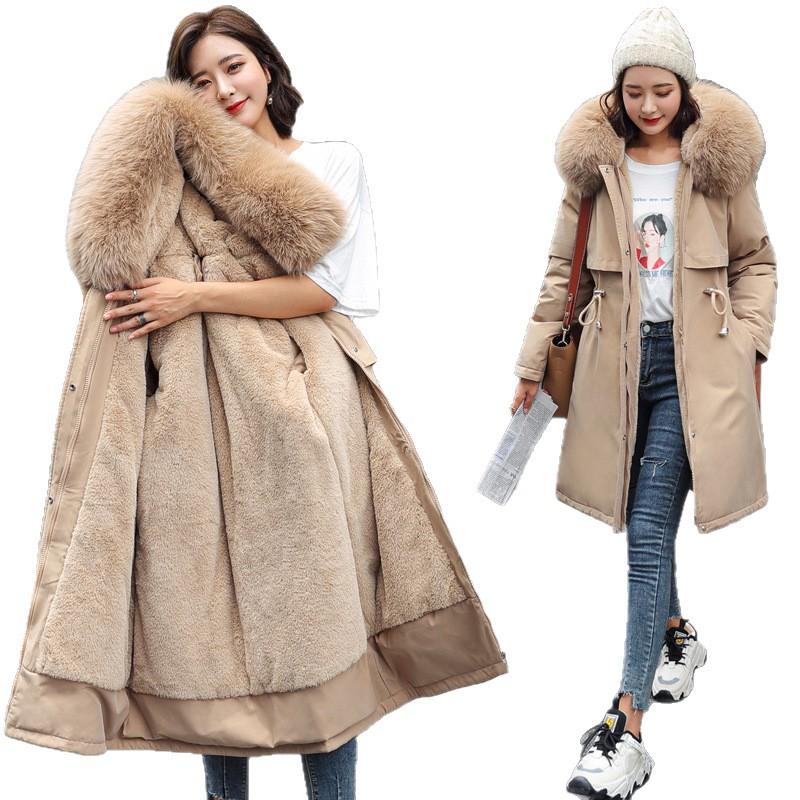 Jachetă lungă matlasată cu glugă pentru femei, cu guler detașabil din blană artificială, caldă de iarnă, croială largă, pardesiu Parka