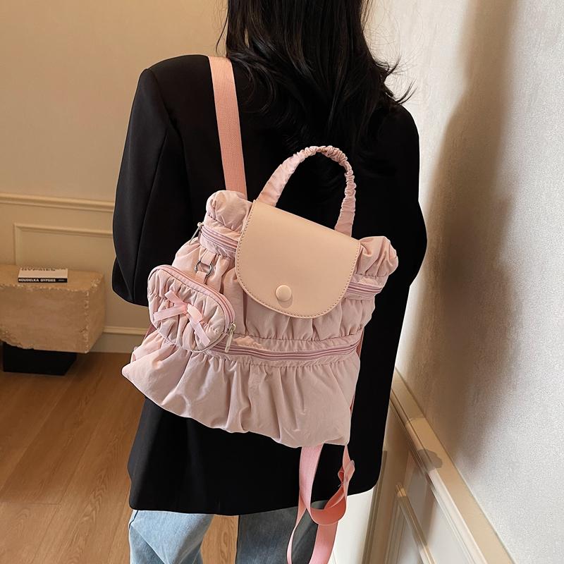 Solid Color Backpack Women's Pleated Handbag with Coin Purse