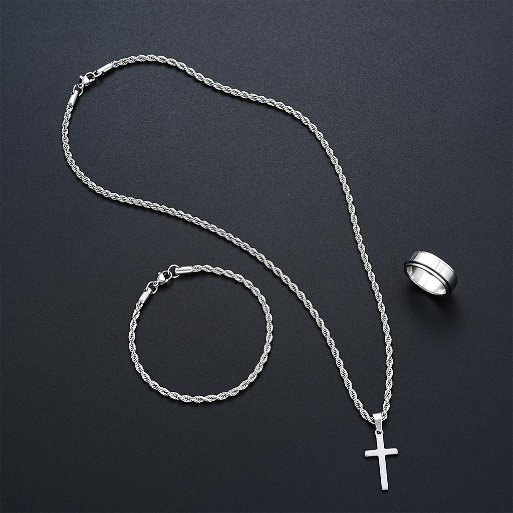 Stainless Steel Simple Jewelry Set For Men Women Fashion Silver Color Cross Pendant Twisted Rope Necklace Bracelets Ring Gifts