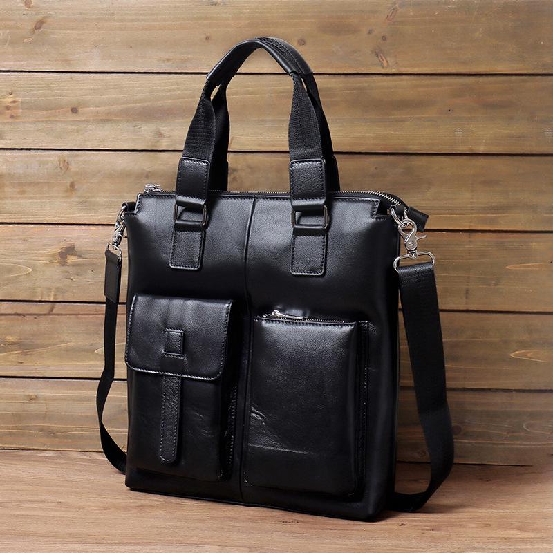 Men's Genuine Leather Vertical Business Briefcase - Top Layer Cowhide Computer Tote Bag