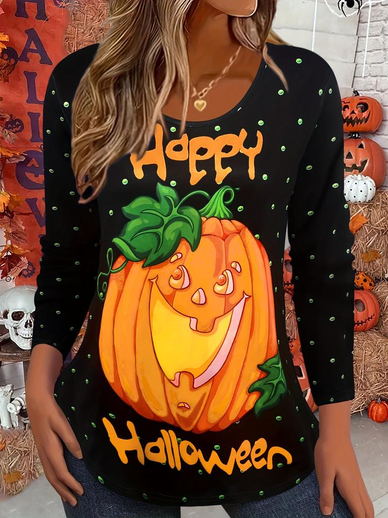 Women's Long Sleeve T-shirts Halloween Theme Black Cat Graphic Streetswear Polyester Tops Casual Pullover Women's Clothing