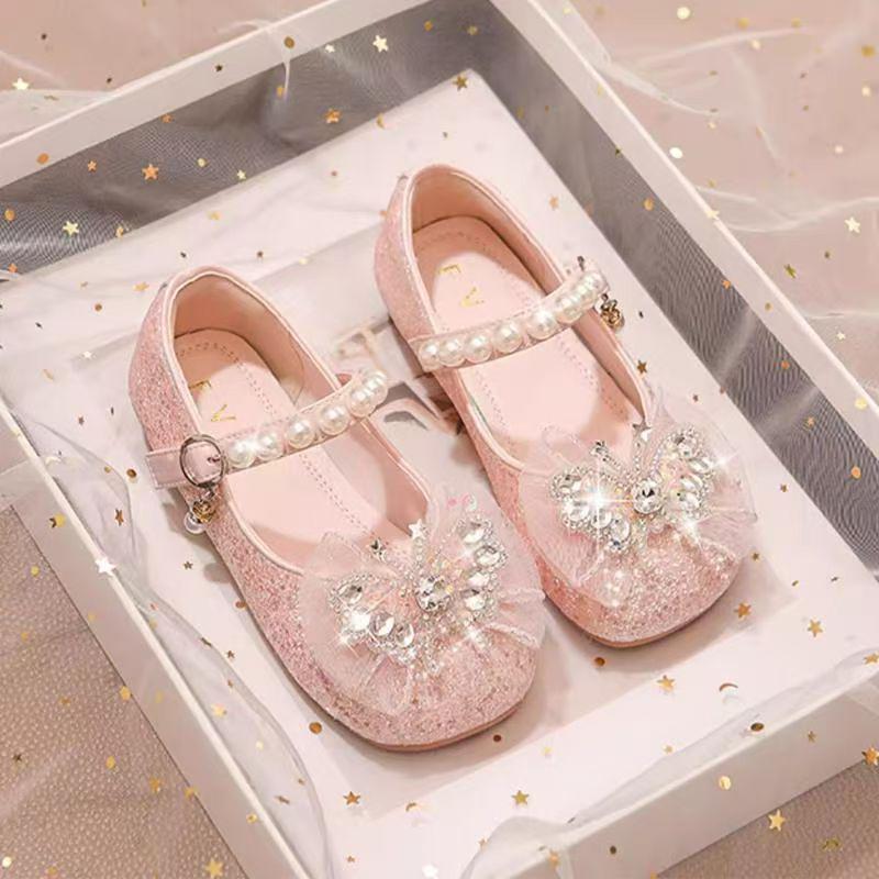 2026 Spring/Autumn Girls' Princess Leather Shoes - Shiny Crystal Rhinestone Baby Flats