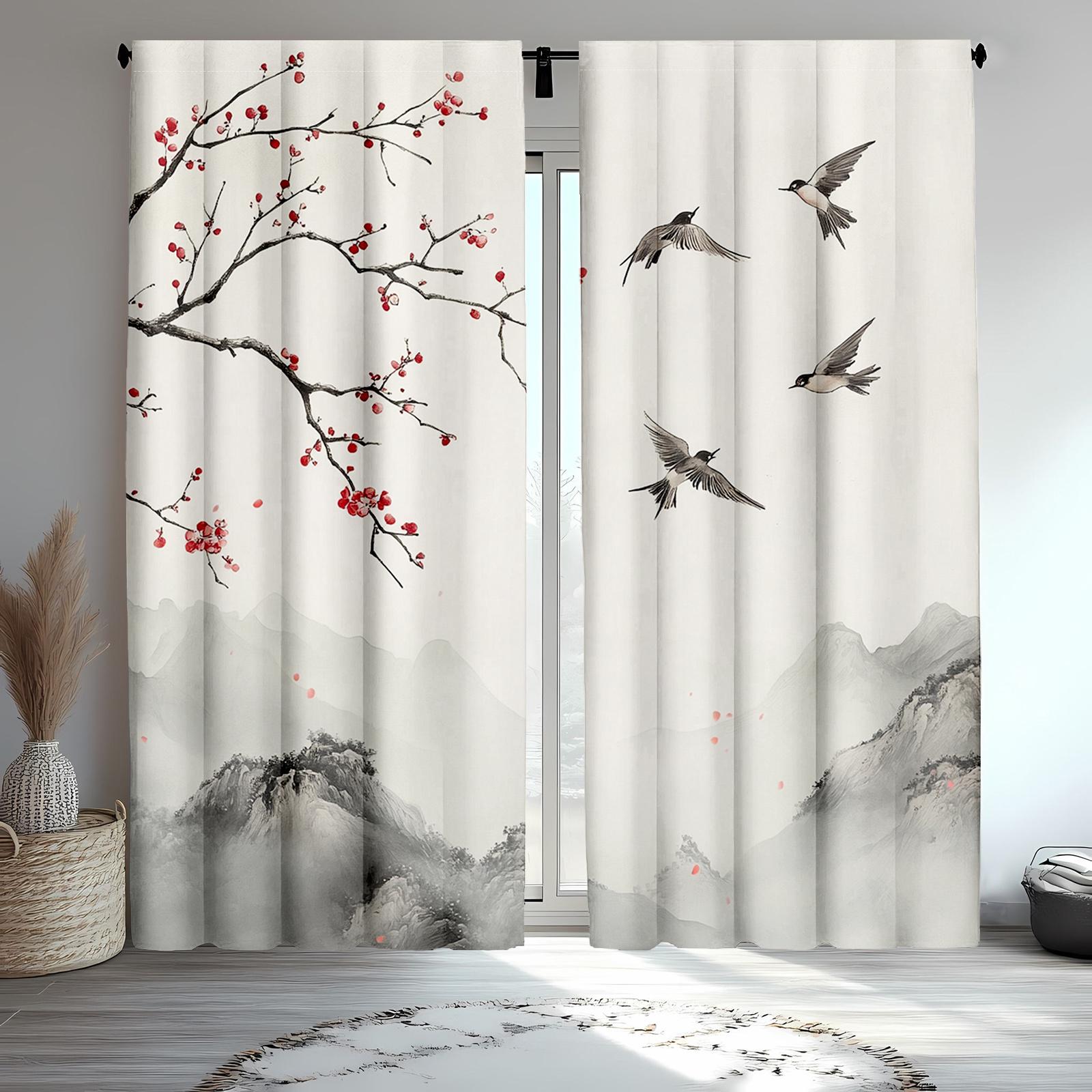 

2Pcs Classic Japanese Scenery Polyester Curtains, Mountain And Seagull Print Drapes For Living Room And Bedroom Decor 53x116cm 2pc21x46in&Without mount