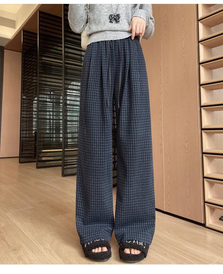 Women's Autumn 2025 Blue Plaid High-Waist Wide-Leg Pants with Drawstring - Retro, Slimming, Casual Style