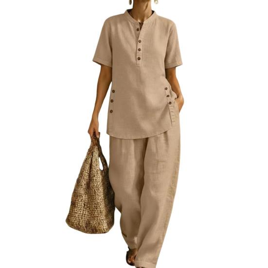 Women's 2 Piece Linen Sets, Short Sleeve Button Up Top And Wide Leg Pants Matching Outfits, Summer Casual Lounge Sets with Pockets