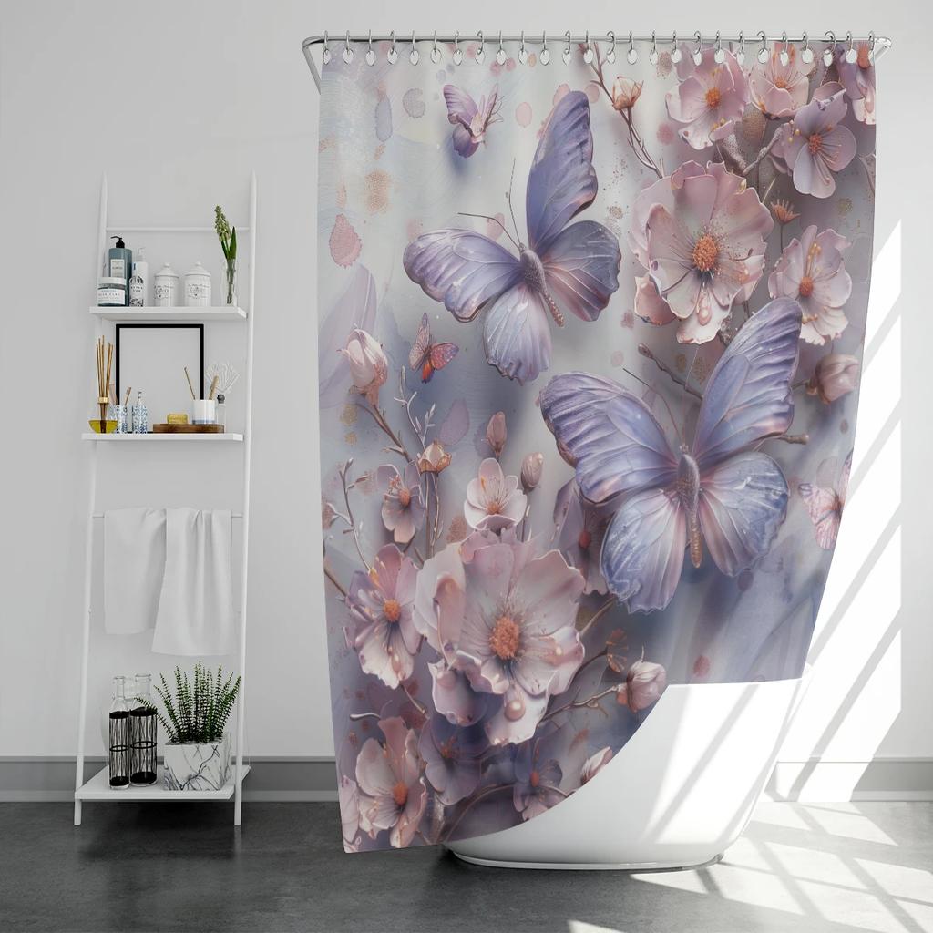 1PC Floral and  Butterfly Pattern Printed Shower Curtain, Waterproof, with 12 Hooks, for Bathroom Showers, Bathtub, Home Use