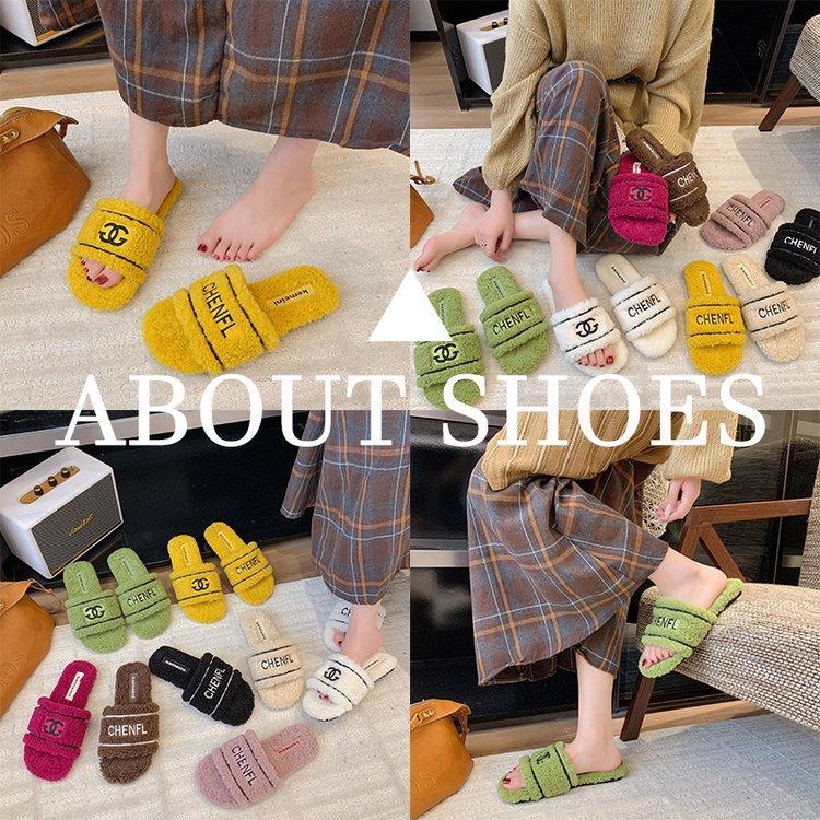 [Youshilai] 2025 Autumn and Winter Mao Mao Letter Slippers Female Korean Ins Style Home Wear Flat Bottom One-word Drag