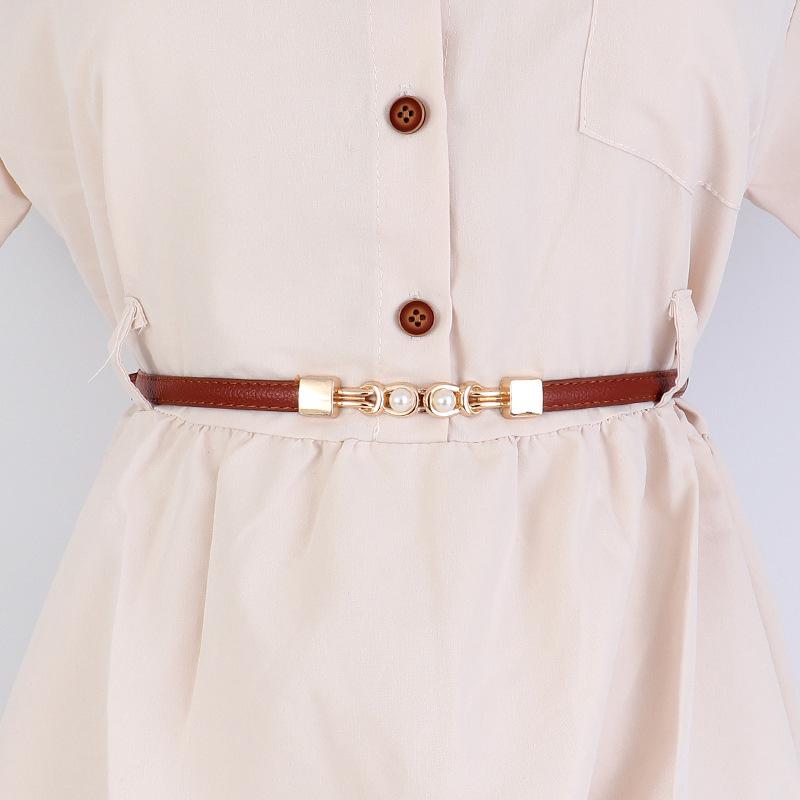 Women's Leather Decorative Buckle Pull-Through Waistband Belt for Skirts and Suits - Punch-Free Design.