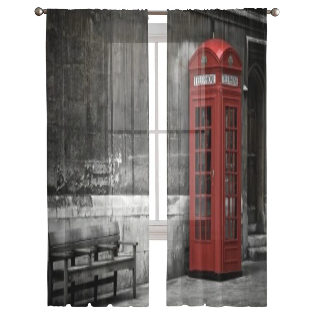 Brittisk telefonkiosk i London Storbritannien Tyll Skira gardiner för vardagsrum köksdekoration Voile Organza-gardiner