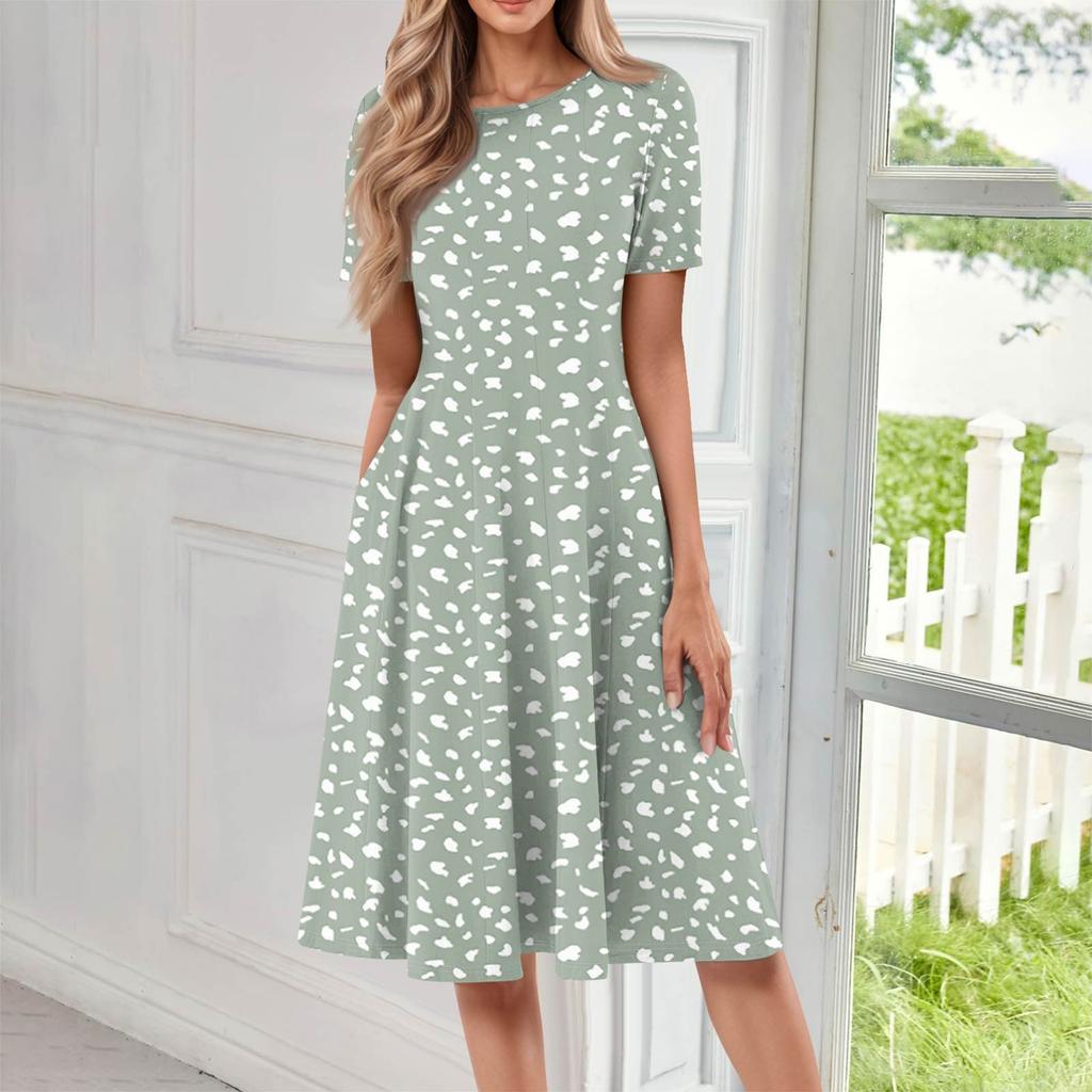 Women's Casual Fashion Round Neck Short Sleeve Floral Printed Midi Dresses