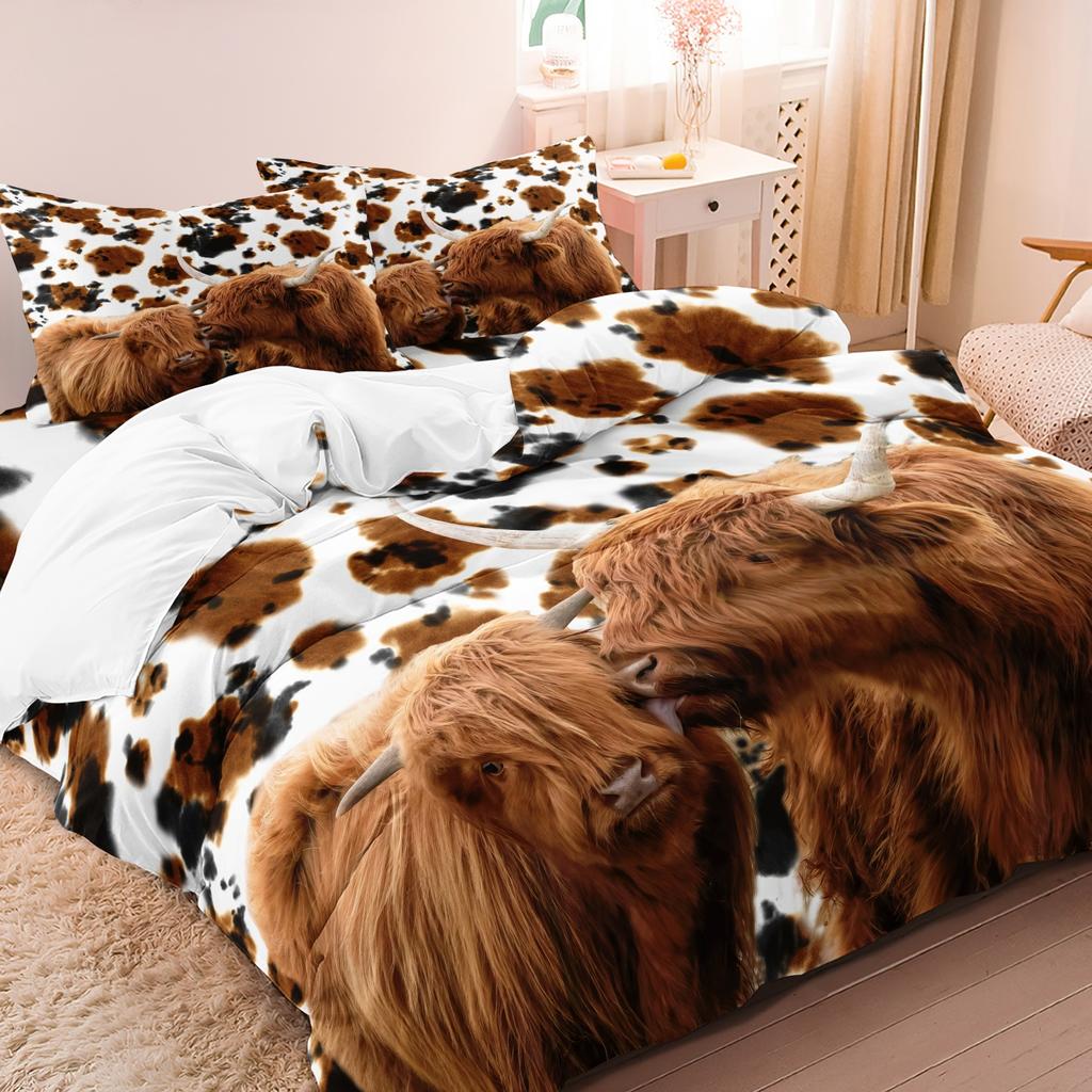 3pcs Highland Cow Pattern Duvet Cover Set Fabric With Digital Animal Print 1 Duvet Cover And 2 Pillowcases (No Quilt)