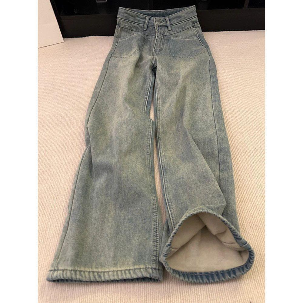 Women's American Vintage Slim Wide-Leg Jeans: Plus Velvet, Washed, Loose, Floor-Length.