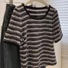 Summer Half-sleeved Striped Short-sleeved T-shirt for Women, New Chic and Unique Small Fragrance Silk Top