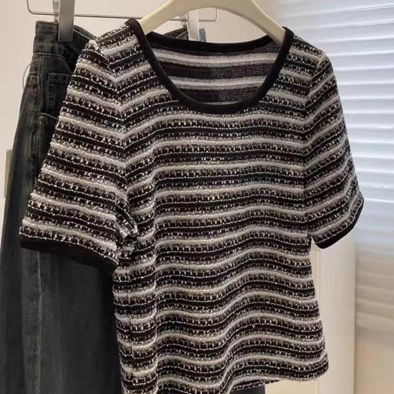

Summer Half-sleeved Striped Short-sleeved T-shirt for Women, New Chic and Unique Small Fragrance Silk Top 2XL чорний