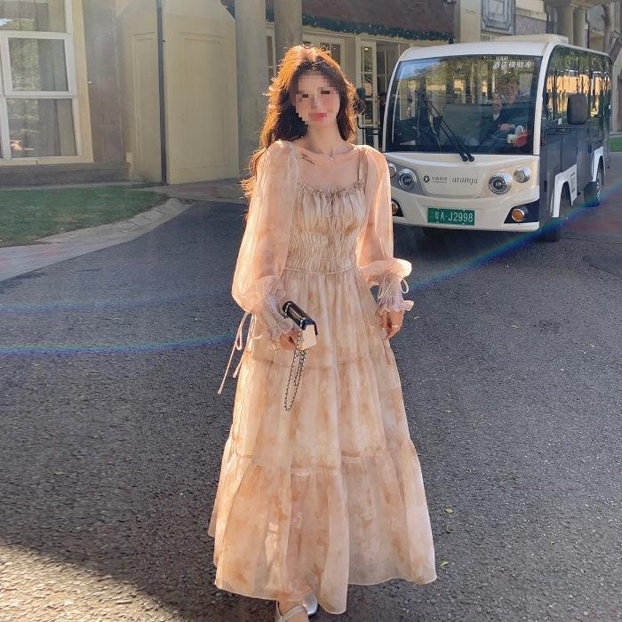 French Printed Chiffon Dress for Women's Spring and Autumn New Gentle Temperament, Thin and Beautiful, Popular Fairy Dress