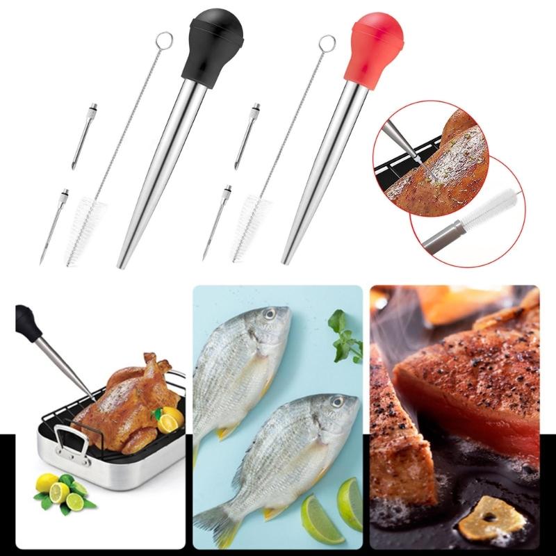 Kitchen Stainless Steel Turkey Baster for Cooking Food Grade Syringe with Silicone Suction Bulb Needle Cleaning Brush