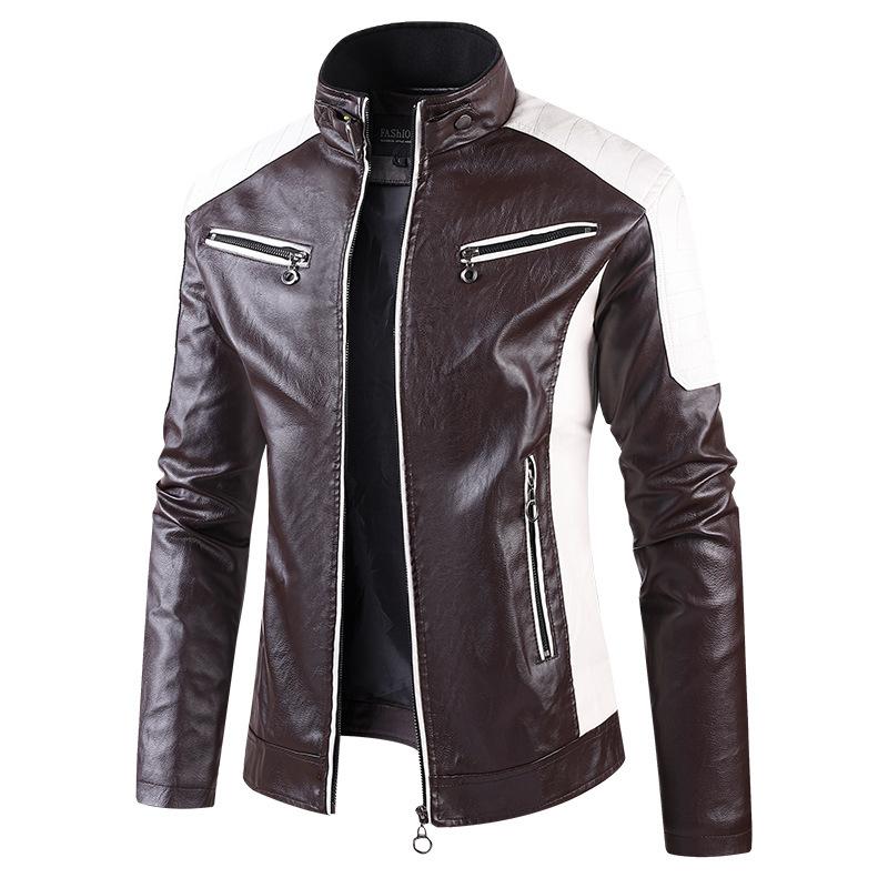 Leather Insert Color Stand Collar PU Leather Motorcycle Jacket for Spring and Autumn Thin Casual Leather Jacket for Men