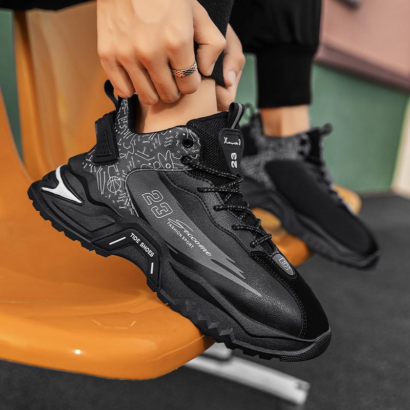 Autumn and Winter Foreign Trade Large Size New Warm Leather Dad Shoes Thick Sole Shock Absorption Non-slip Sports Running Shoes Trendy Shoes