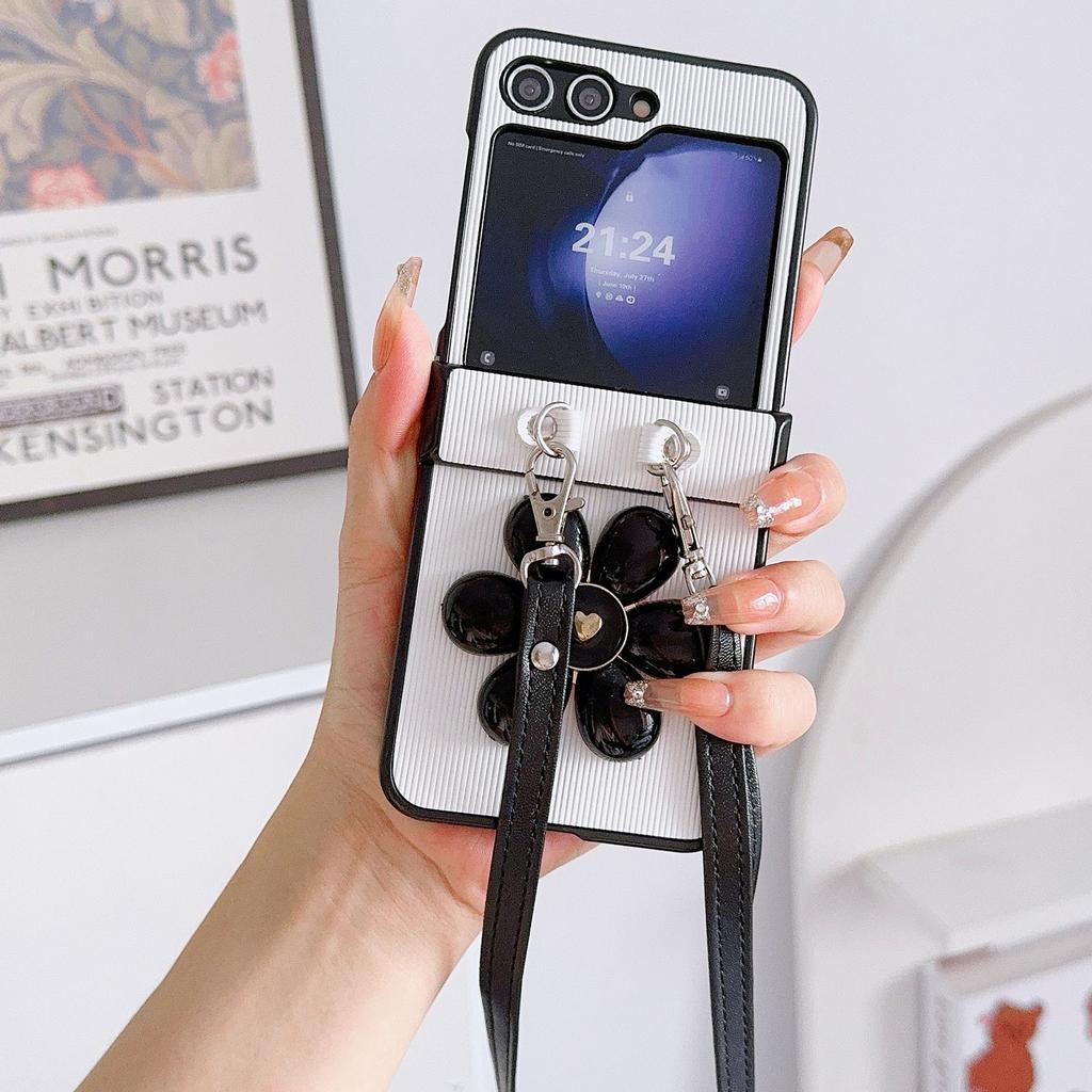 For Samsung Galaxy Z Flip7 FE 5G/Z Flip6 5G Case 3D Flower Leather+PC Phone Cover with Crossbody Strap