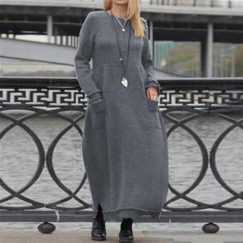 Women's Autumn and Winter Warm Fleece Long Sleeve Lace Sweater Dress Casual Pocket Dress