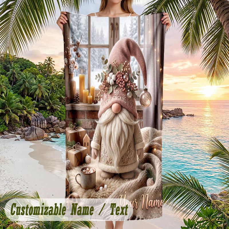 Gnome Theme Beach Towel Personalized Custom Name & Text Soft Quick Dry Beach Towel for Swimming Travel
