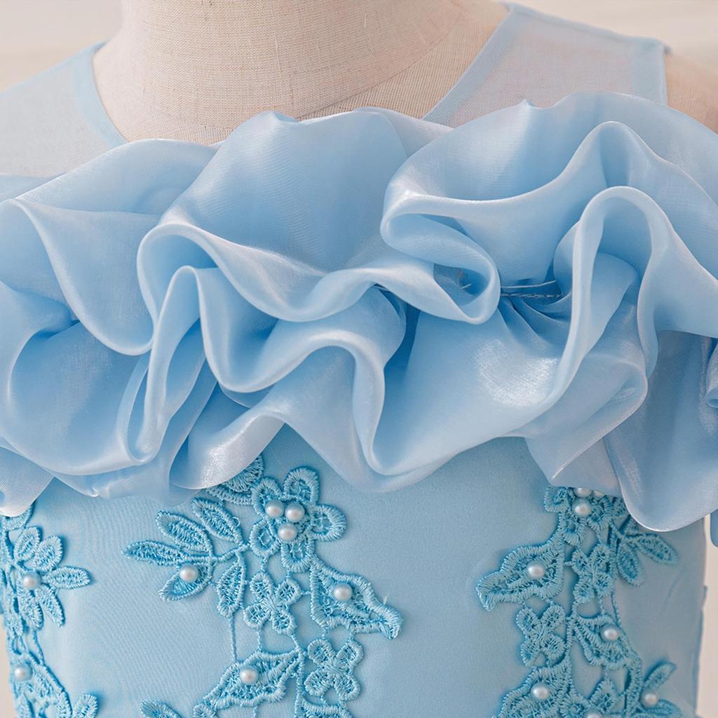 Abito da Principessa Ricamato con Perle per Bambina 4-12 Anni Moda Spalle Scoperte Manica a Sbuffo Abito in Rete Compleanno Matrimonio Damigella