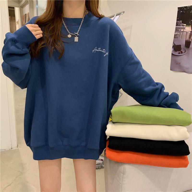 Women Hoodies Harajuku Plus Velvet Thickened Long-sleeved Sweater Women's Autumn and Winter Round Neck Loose Letter Sweater