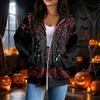 Women's Casual Long Sleeve Zip-Up Hooded Sweatshirt with Halloween Print