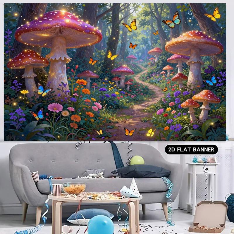 2D flat 1pc dreamy mushroom forest background fabric fantasy forest scenezyc
