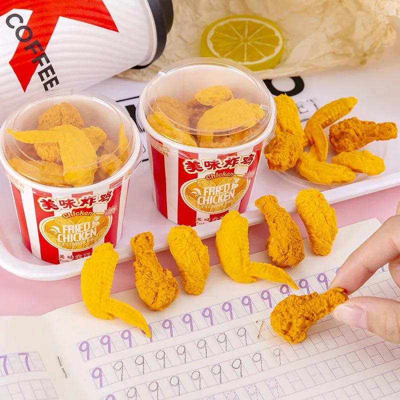 1 Bucket of Nine Creative Simulated Fried Chicken Bucket Eraser Set Drum Stick and Chicken Wing Eraser, Christmas Gift for Child