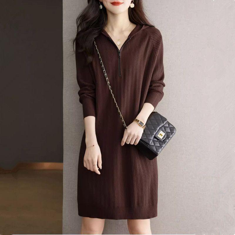 Zipper hooded dress women's autumn and winter new medium and long sweater with knitted dress bottoming shirt with coat