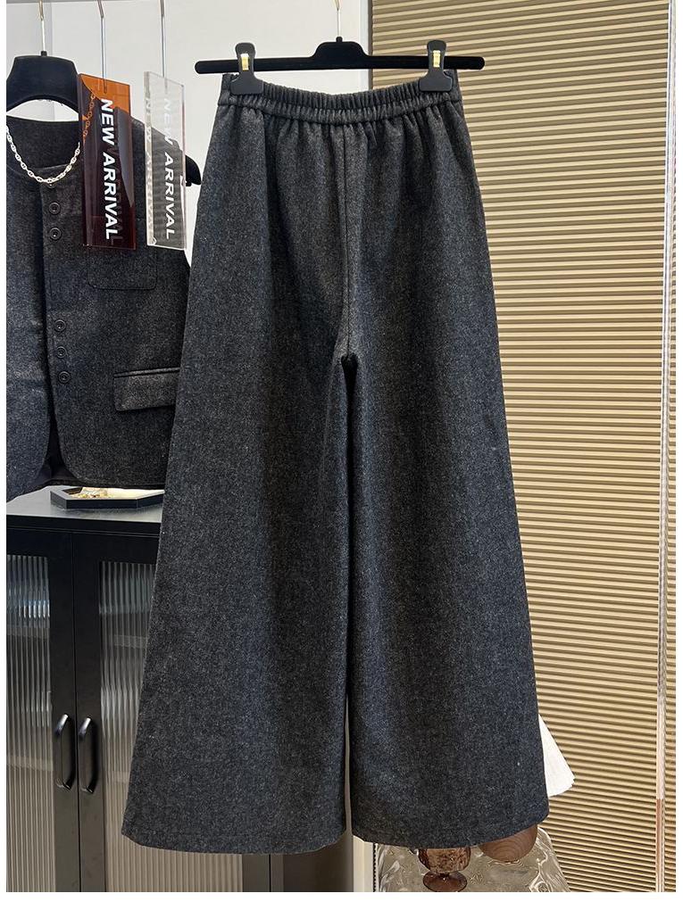 Women's Sleeveless Wool Fashion Suit: Single-Breasted Vest with Semi-Elastic Waist and Casual Wide-Leg Pants
