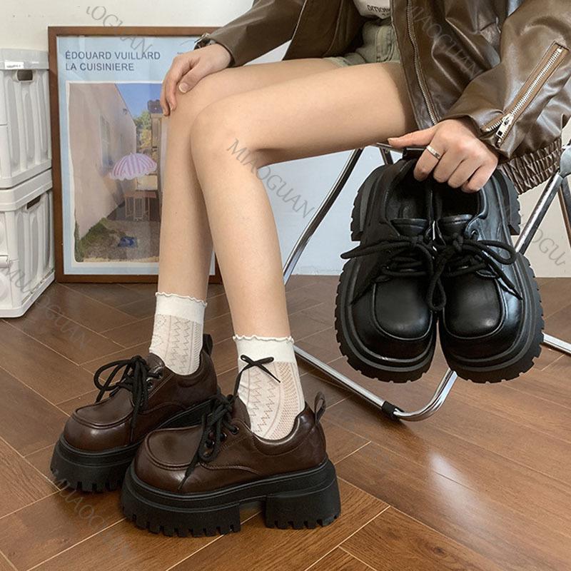 Fashion Thick Bottom British Style Leather Women's Pumps Lace Up Thick Soled Loafers Retro High Heels Mary Janes Fashion Heeled Shoes