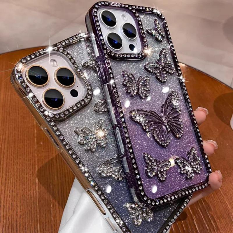 Glitter 3D Butterfly Shiny Case For iPhone 17 16 15 14 13 12 11 Pro Max Diamond Bling Sparkly Rhinestone Girls Pink Cute Cover