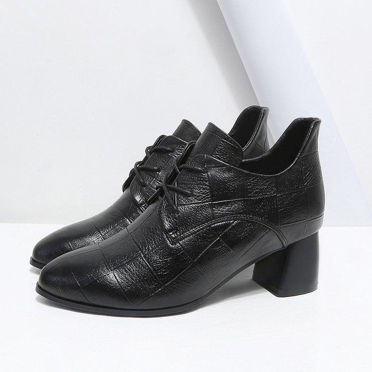 Women's Shoes Spring and Autumn Lace-up Small Leather Shoes Women's British Soft Leather Pointed Toe Deep Thick Heel Medium-heeled Single Shoes