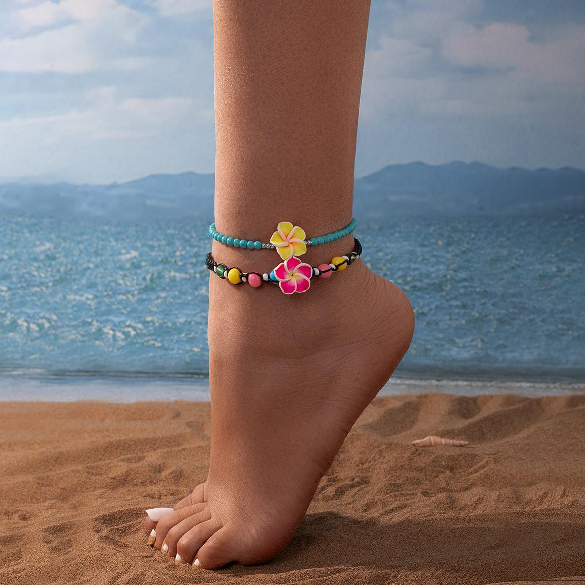2-piece Women s Beach Resort Style Anklet Set, Plumeria Faux Turquoise Beaded Anklet