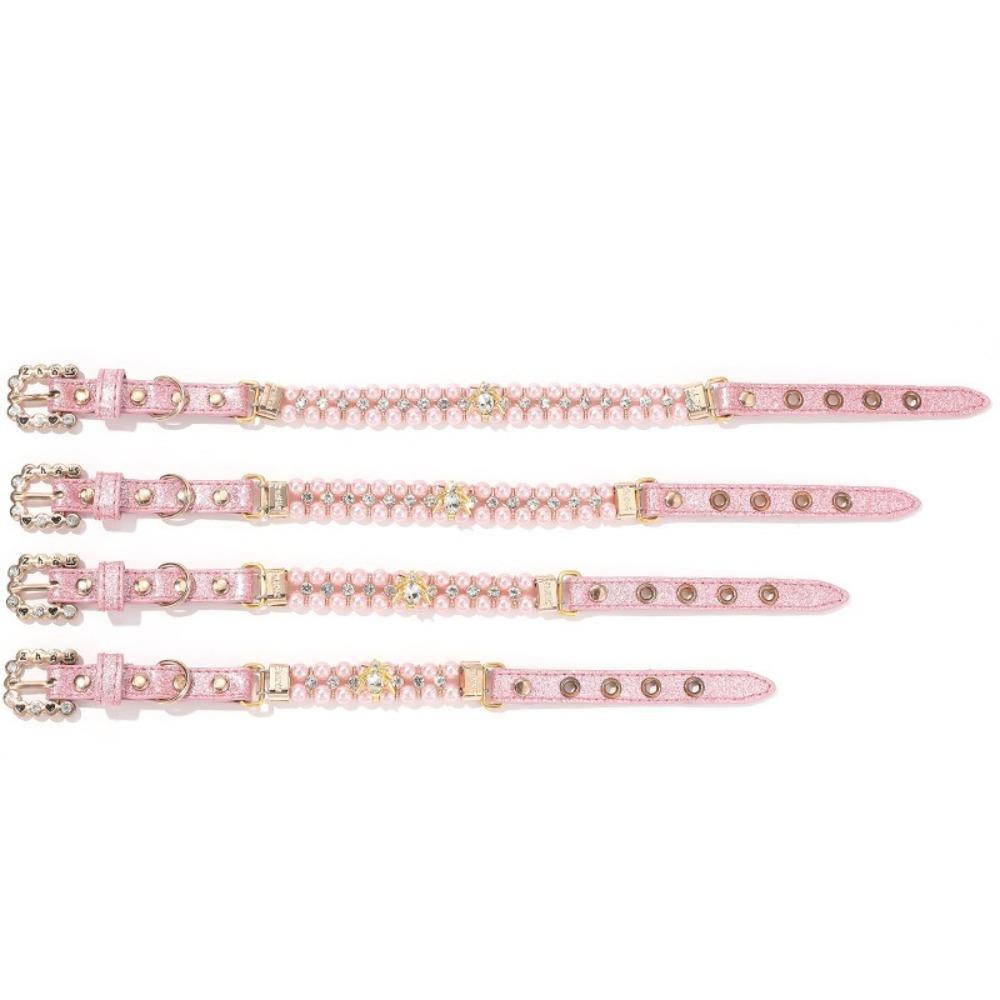 Adjustable Dog Cat Pearl Collars PU Rhinestone Cat Necklace Artificial Pearls Luxury Jewelry Neck Strap for Small Dogs