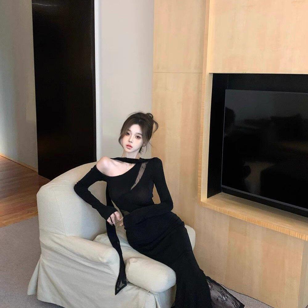 Women's Black One-Shoulder Lace Patchwork Long Sleeve Bodycon Dress for Spring/Autumn