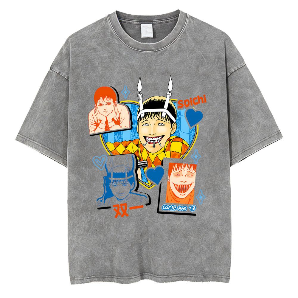 Anime Tomie Junji Ito Vintage Washed T-shirt Men Women Manga Horror Gothic Rock T Shirts Male Retro High Quality Cotton T-shirts