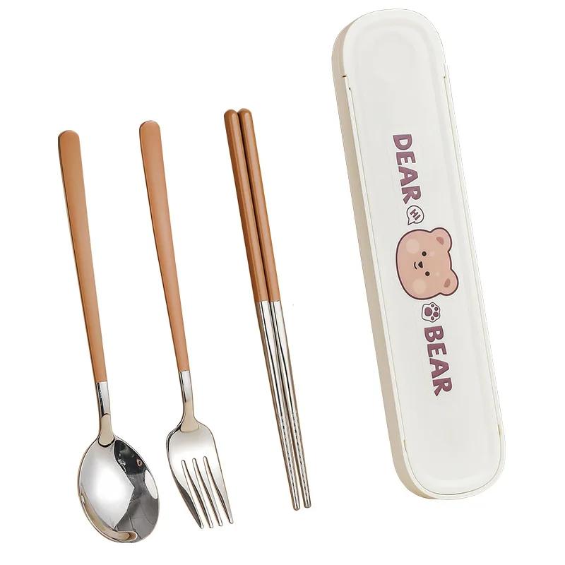 304 Stainless Steel Cartoon Cutlery Set with Case Kids Fork Spoon Portable Cutlery Travel Tableware Reusable Flatware