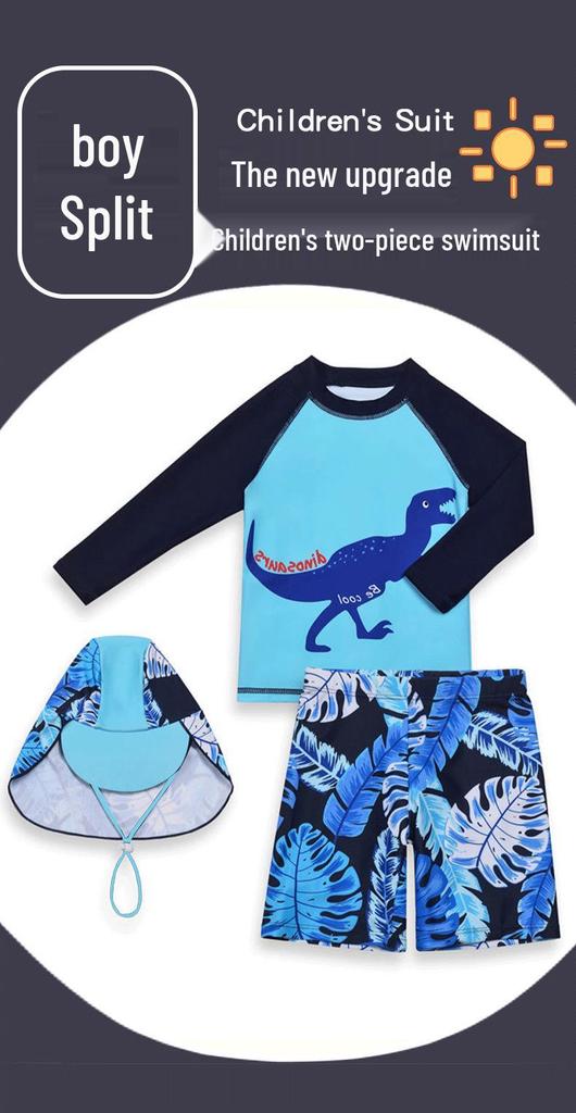 Korean Style Boys' Dinosaur Long-Sleeve Two-Piece Swimsuit with Sun Protection, Quick-Drying, for Older Children.