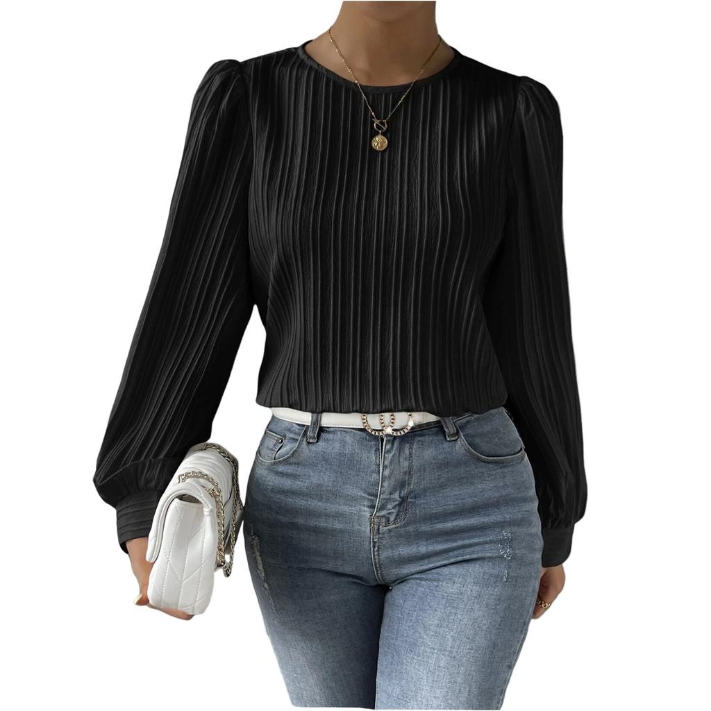 Haut chemise ample tendance pour femme, col rond, manches longues, couleur